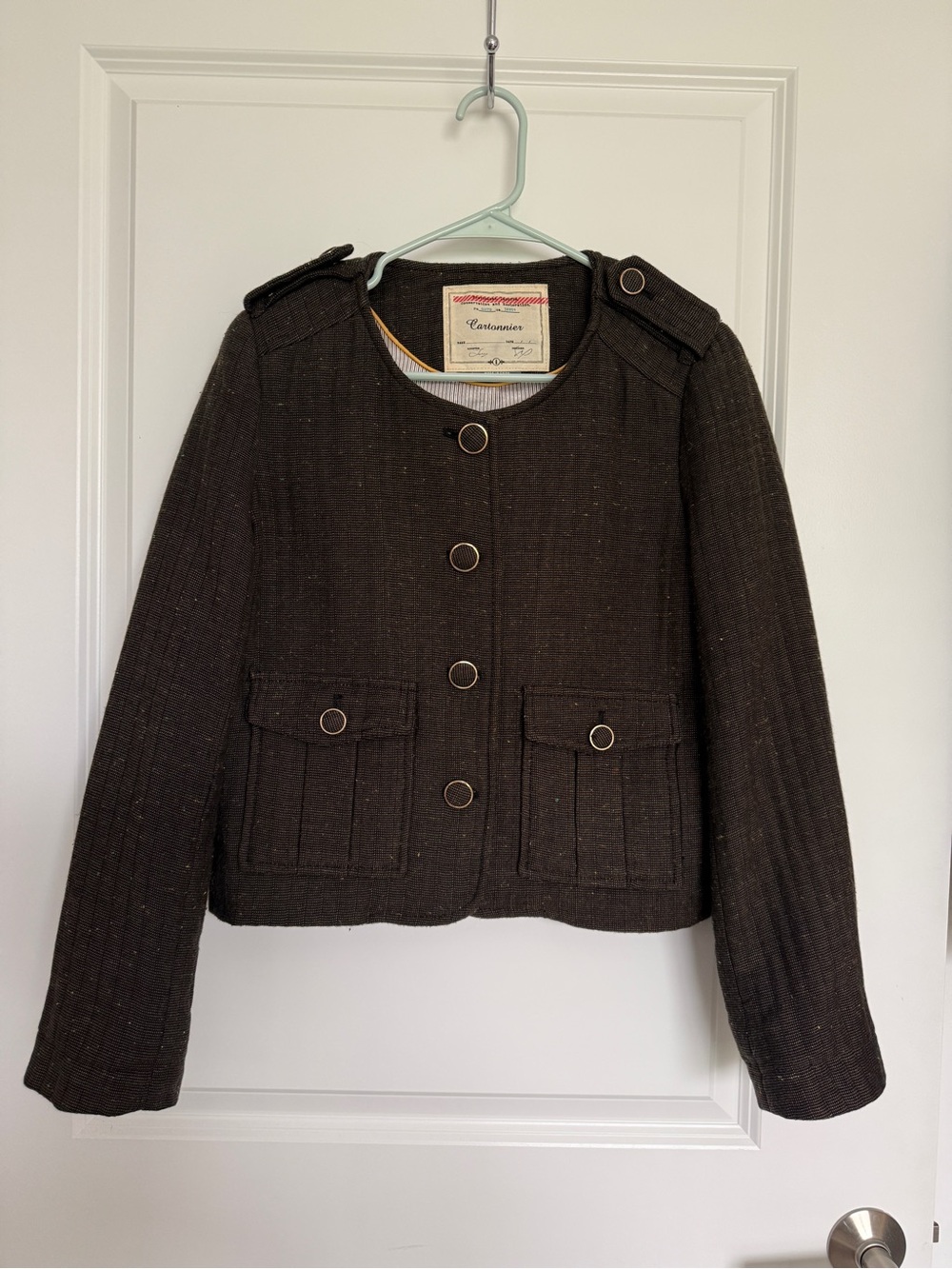 Cartonnier Brown Wool Blend Button-Front Jacket with Silk Line